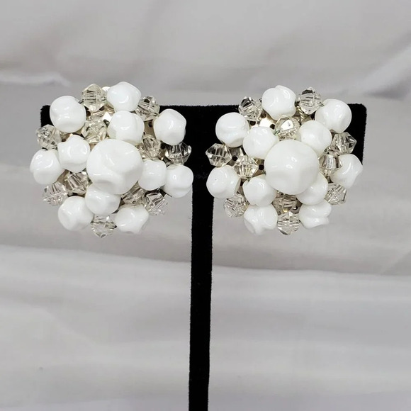 Vintage White Milk Glass Beaded Clip-On Earrings Made In Germany - Picture 6 of 6
